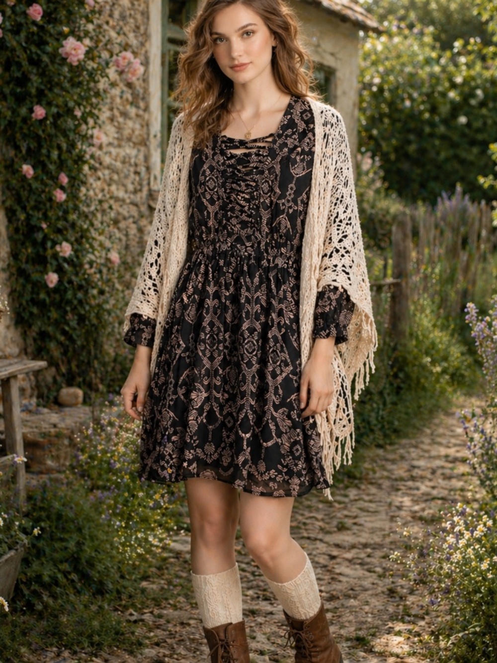 NWT Scotch and Soda mini dress women S/M black laces dark romantic cottage core
